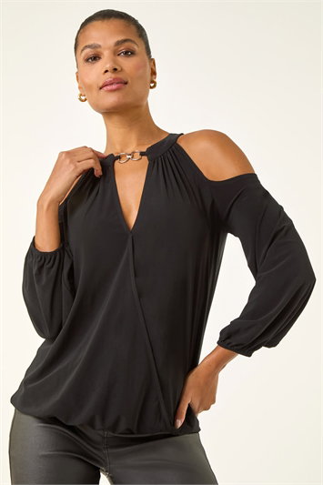 Forest Green Abstract Print Cold Shoulder Stretch Top | Roman UK