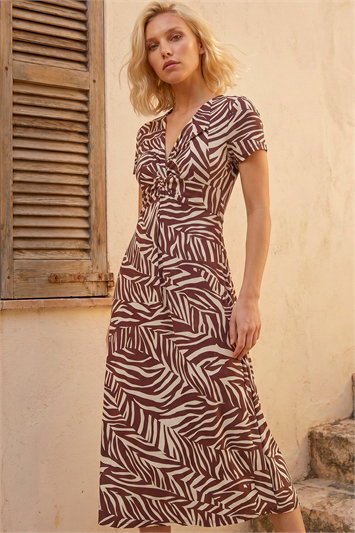 Brown Petite Zebra Print Knot Midi Dress