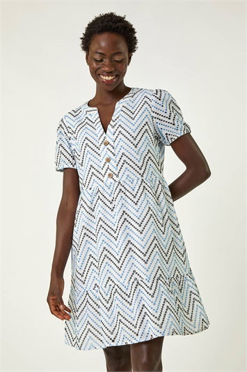 Blue Zig Zag Embroidered Tunic Dress