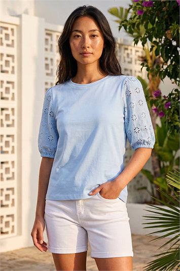Blue Petite Embroidered Puff Sleeve Top