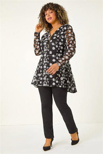 Curve Floral Print V-Neck Zip Front Top 19319108