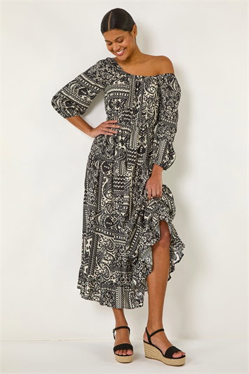 Black Abstract Print Shirred Midi Dress