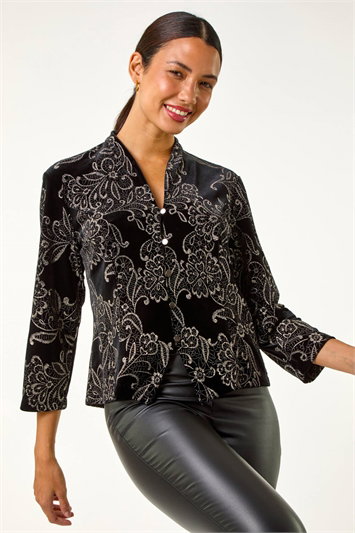 Black Velvet Metallic Print V-Neck Stretch Blouse