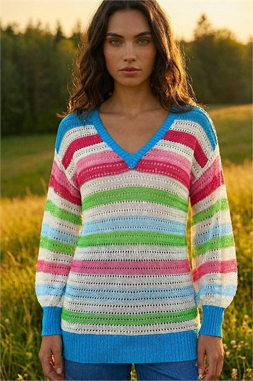 Blue Sequin Stripe V-Neck Jumper