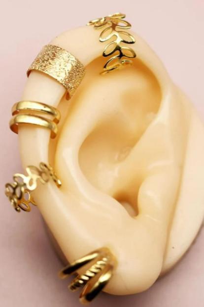 Metallic 5‑Piece Adjustable Slim Leaf Wire‑Wrap Ear Cuff Set, Gold And Silver