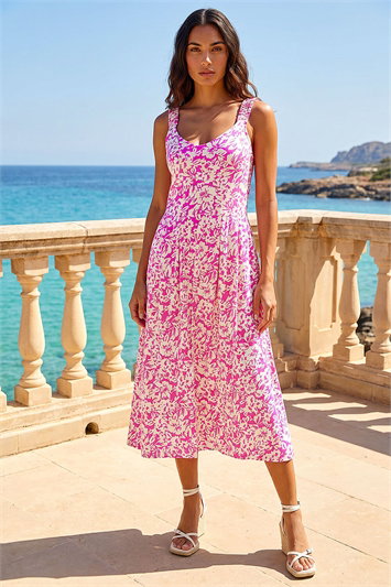 Multi Sleeveless Floral Midi Stretch Dress