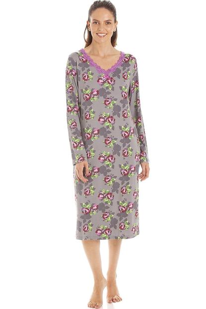 Purple Floral Print Spandex Knee Length Long Sleeve Nightdress