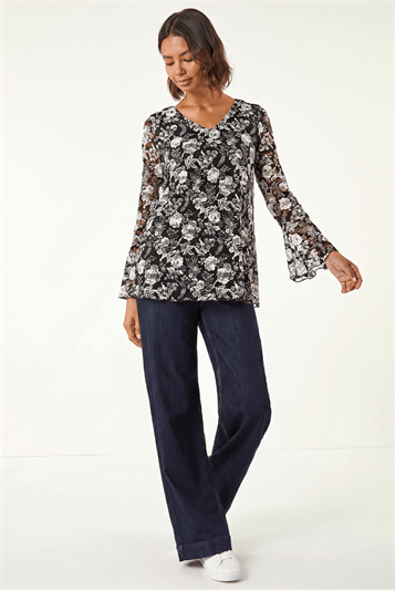 Black Floral Print V-Neck Stretch Lace Top