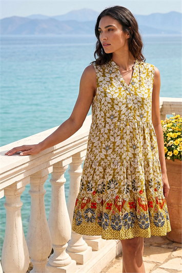Green Leaf Print Button Smock Dress