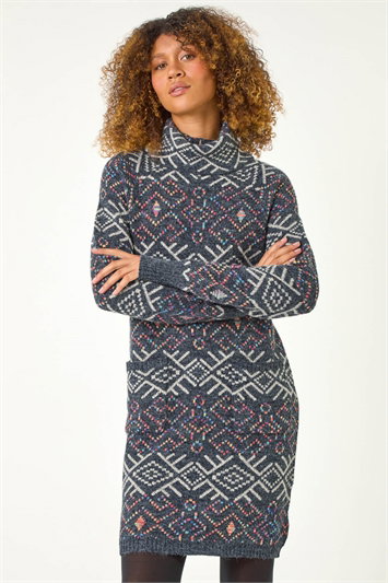 Aztec Roll Neck Knitted Dress 14574425