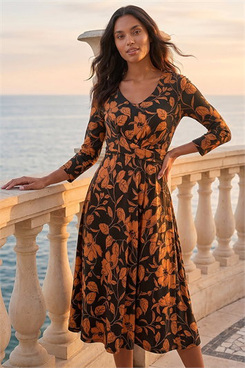 Brown Leaf Print Wrap Midi Dress