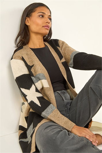Cream Star Print Longline Stretch Cardigan