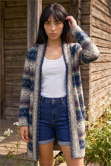 Blue Petite Aztec Longline Cardigan