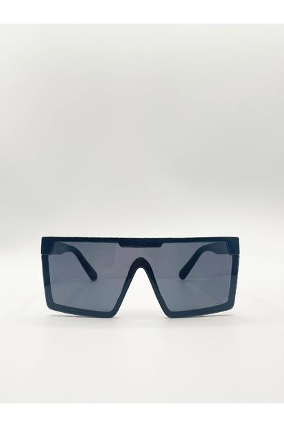 Black Black Oversized Flat Top Square Frame Sunglasses