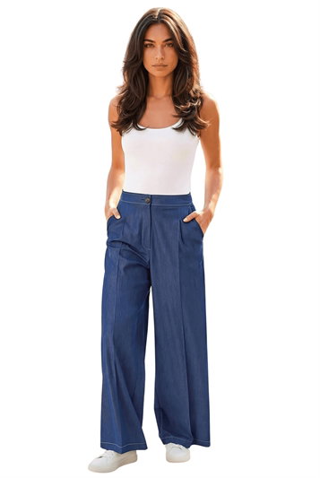 Purple Denim Contrast Stitch Wide Leg Trouser