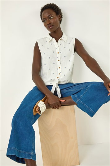White Embroidered Tie Hem Blouse