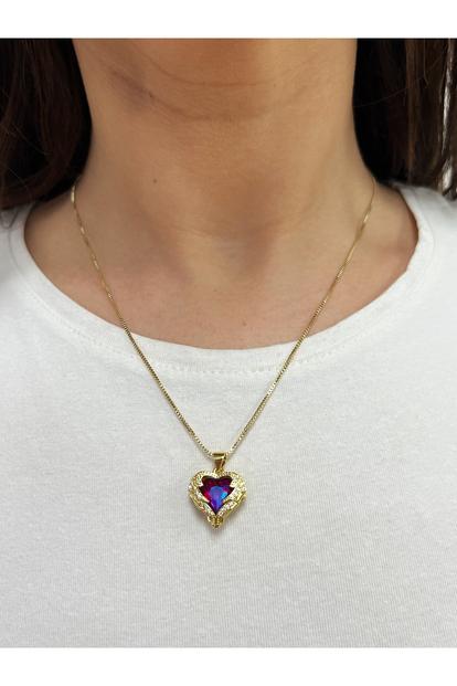 Metallic Pink Stone Heart Necklace In A Diamante Setting