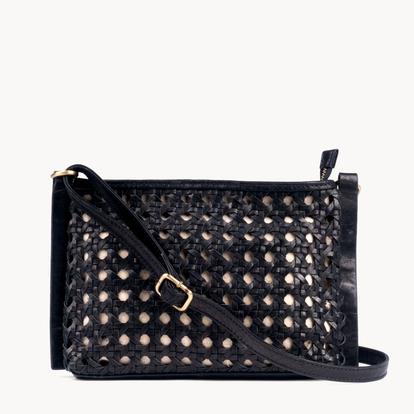 Black 'Leather Loom' Real Leather Woven Crossbody Bag