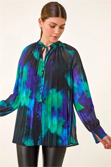 Blue Watercolour Tie Neck Pleated Blouse