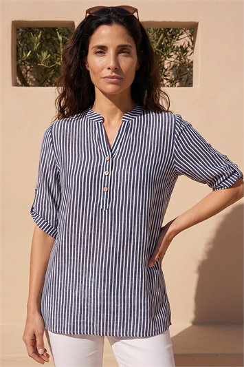 Blue Classic Stripe Button Front Top