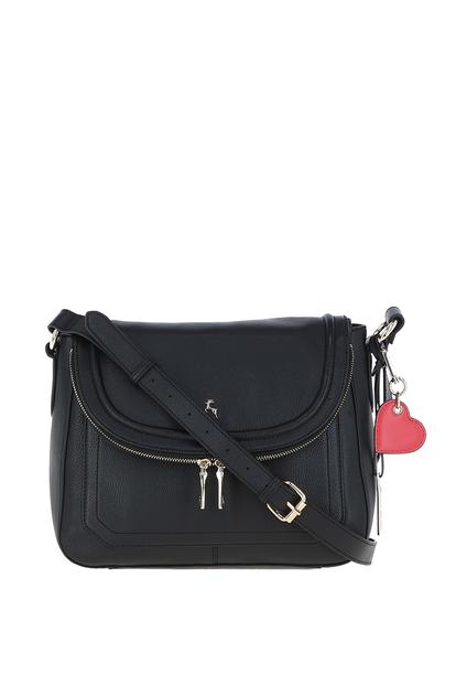 Black 'Dazzling' Flap Over Real Leather Shoulder Bag