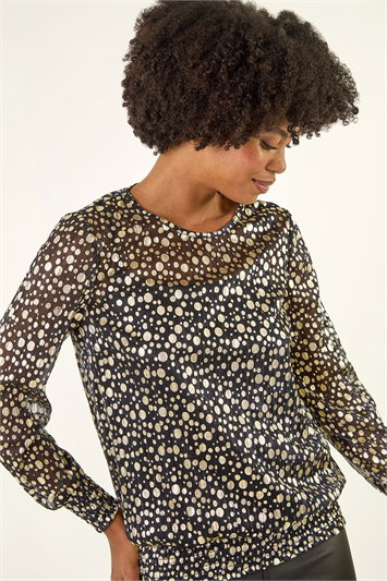 Metallic Spot Print Plisse Shirred Top