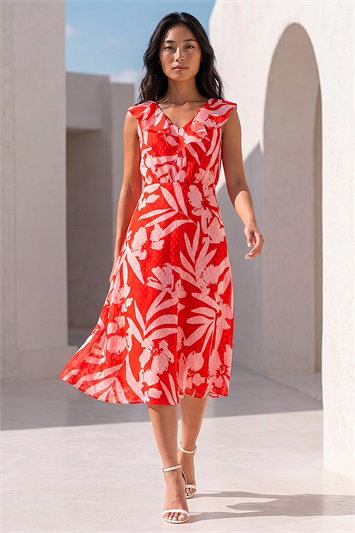 Red Petite Floral Frill Front Dress