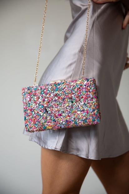 Multi Embellished Square Clutch Bag In Multi