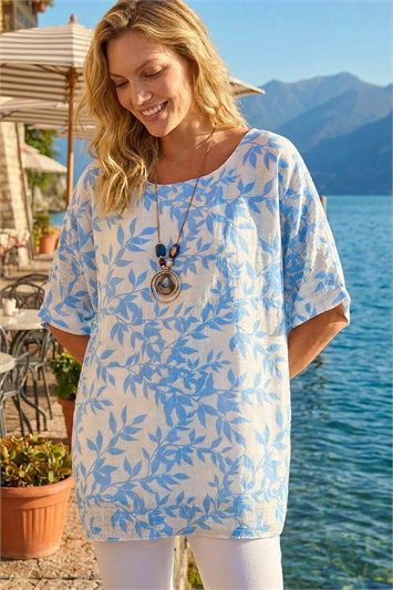 Blue Leaf Print Necklace Detail Tunic Top