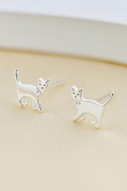 Metallic Sterling Silver Cat Stud Earrings