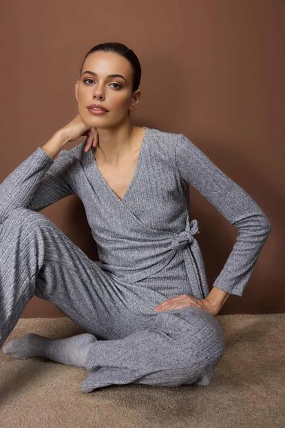 Cream Wrap Tie V Neck Long Sleeve Ribbed Knit Wide Leg Loungewear Set