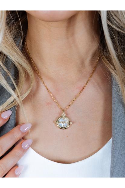Metallic Ivory Stone Clock Pendant Necklace