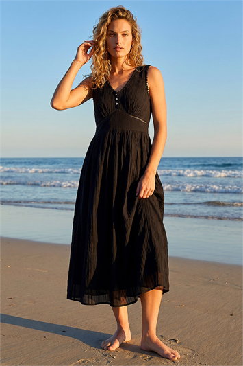 Black Seersucker V-Neck Midi Dress