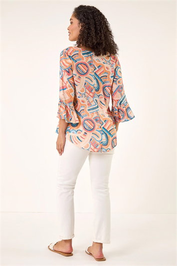 Geometric Print Flute Sleeve Top 20245264