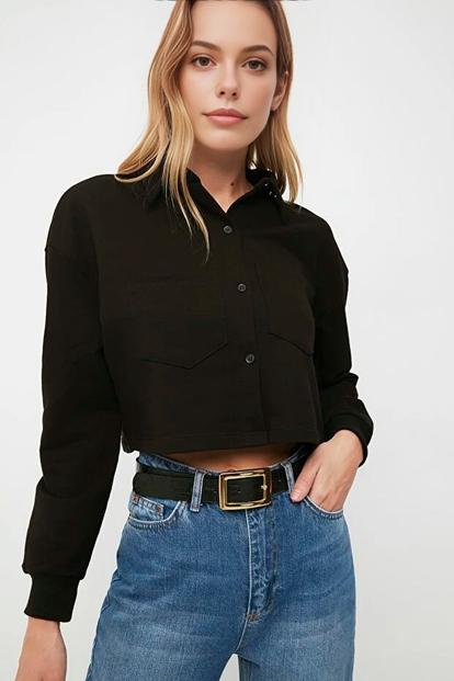 Black Women’S Croc-Effect Faux Leather Belt With Metal Buckle