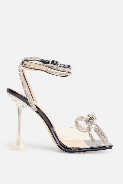 Black Glimmer Black Wrap Around Square Toe Heels