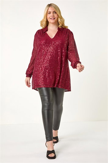 Curve Sequin V-Neck Stretch Shirt 19315795