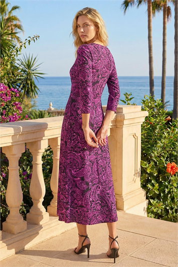 Paisley Print Ruched Midi Stretch Dress 14800051
