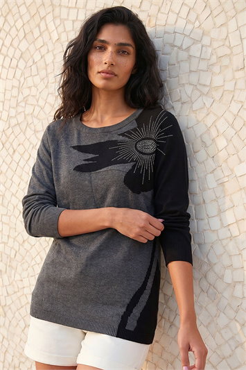Grey Floral Sparkly Hotfix Knit Jumper