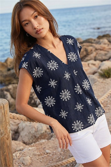 Blue Embroidered V-Neck Pleat Top