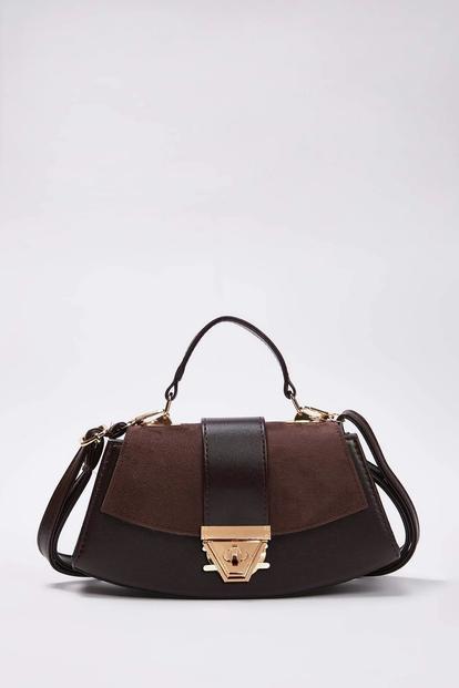 Black Women's Faux Suede Panel Mini Grab Bag With Push Lock Closure