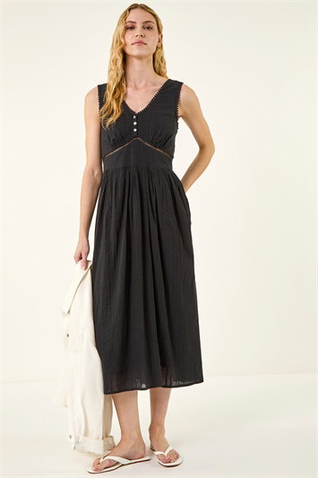 Black Seersucker V-Neck Midi Dress