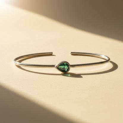 Green Minimalist Sterling Silver Emerald May Birthstone Bangle Bracelet