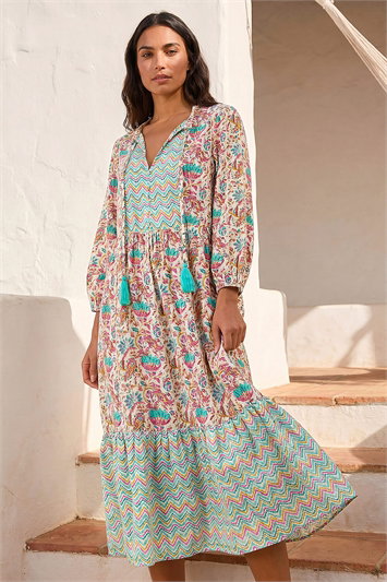 Blue Tie Front Frill Midi Dress