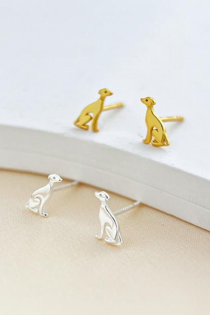 Metallic Sterling Silver Greyhound Dog Stud Earrings
