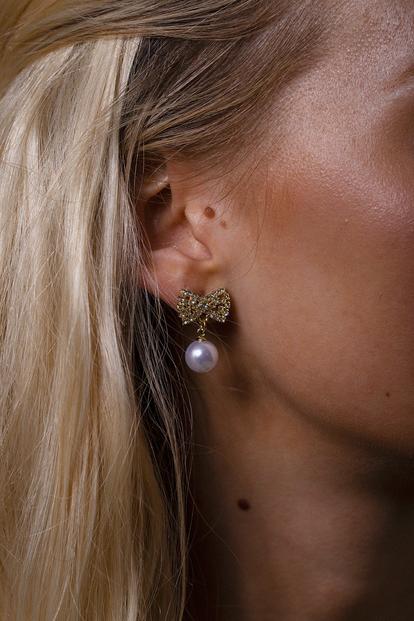 Metallic Diamante Bow Pearl Drop Earrings - Gift Boxed