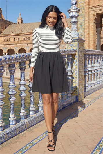 Black Stripe Print High Neck Smock Dress