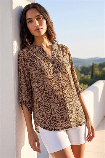 Cream Animal Print Stretch Blouse