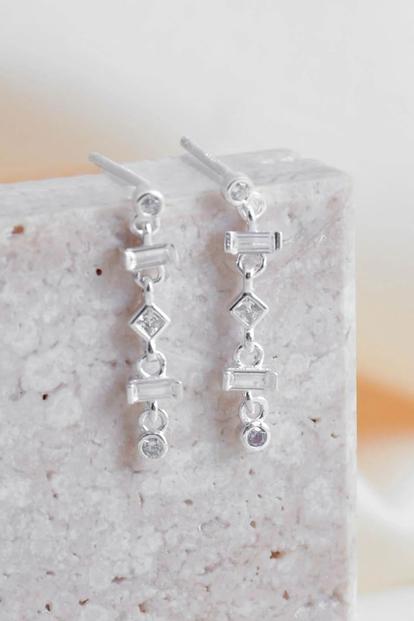 Metallic Sterling Silver Cz Drop Stud Dangle Earrings