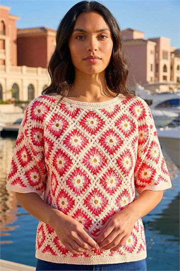 Pink Floral Crochet Knit Top